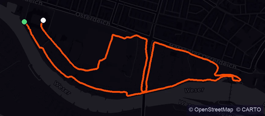 GPS route of the B2Run Bremen 2026 along the Weser in Bremen, on a dark map